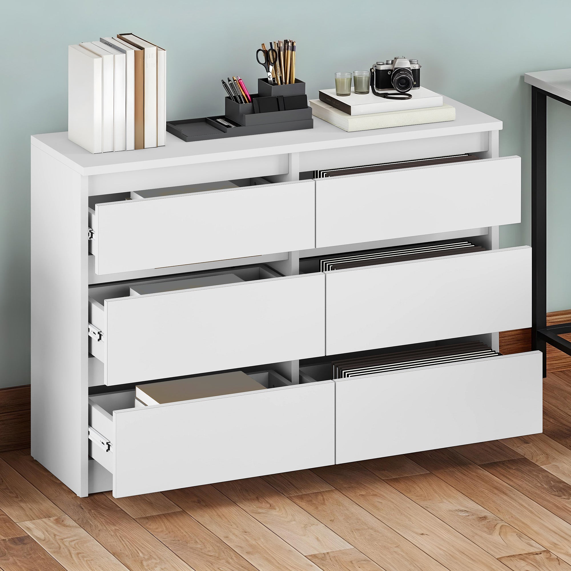 YITAHOME Commode en Bois à 6 Tiroirs avec Glissières - Table de Chevet - 100 x 30 x 70 cm , Blanc - 3