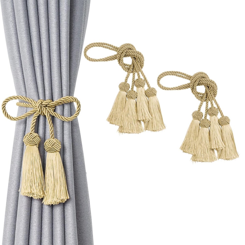 Lot De 4 Embrasses Rideaux Corde Coton & Perles Bois - Fixation Sans Percer - Beige Naturel