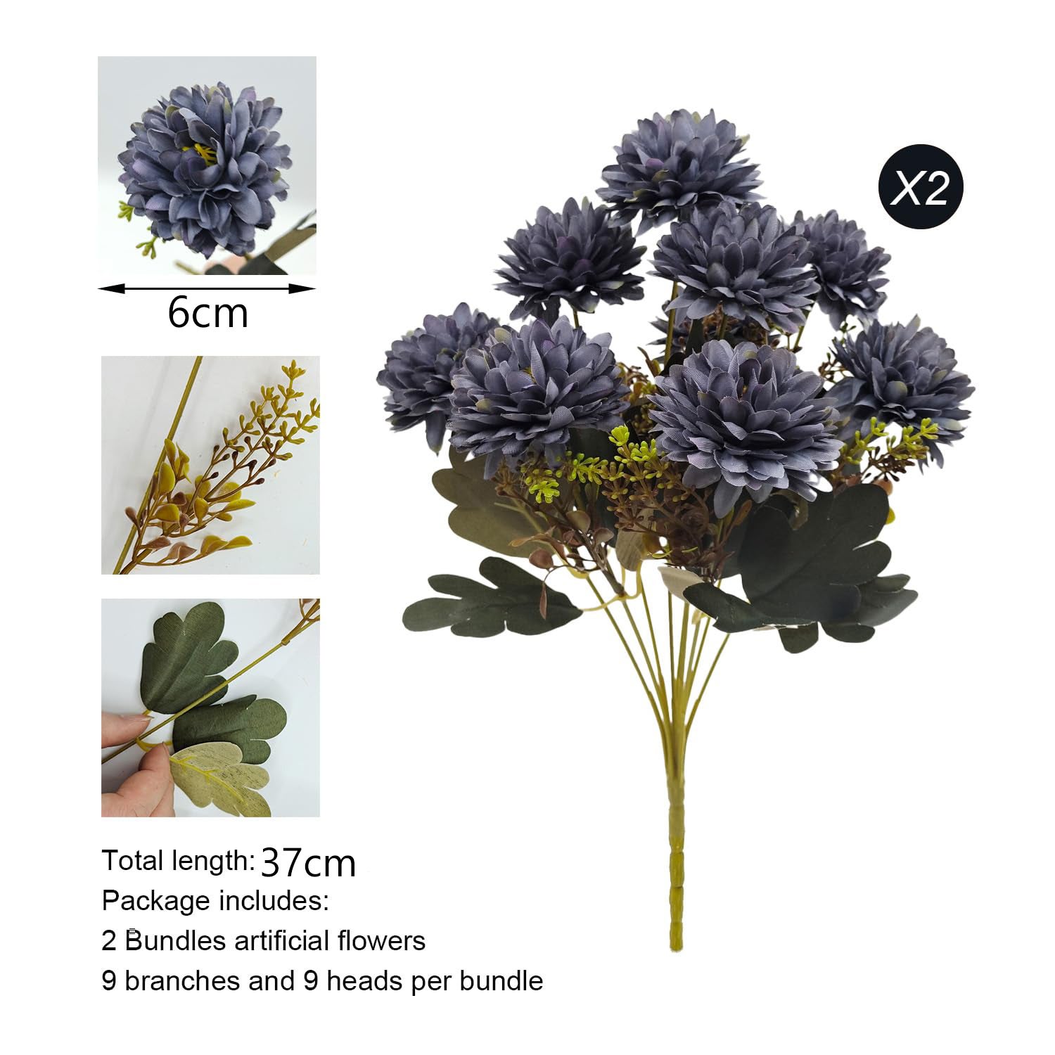 2 bouquets décoratifs de chrysanthèmes artificiels, 9 chrysanthèmes dans un petit bouquet, adaptés à la décoration de pots de fleurs dans le salon - 6