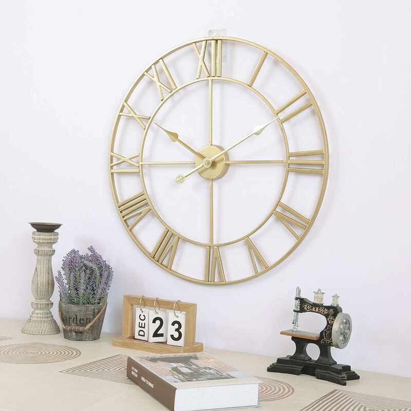 Horloge Grande horloge murale rétro en fer - Ronde - Silencieuse - Fonctionne avec piles - Chiffres romains - Pour décoration de salon（40 Cm） - 2