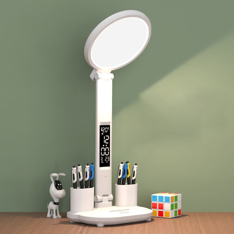 Dotykowa lampka biurkowa z zegarem, lampka nocna z uchwytem na długopis, 3200 mAh, ładowalna, odpowiednia do akademików i biur (trójkolorowe światło)