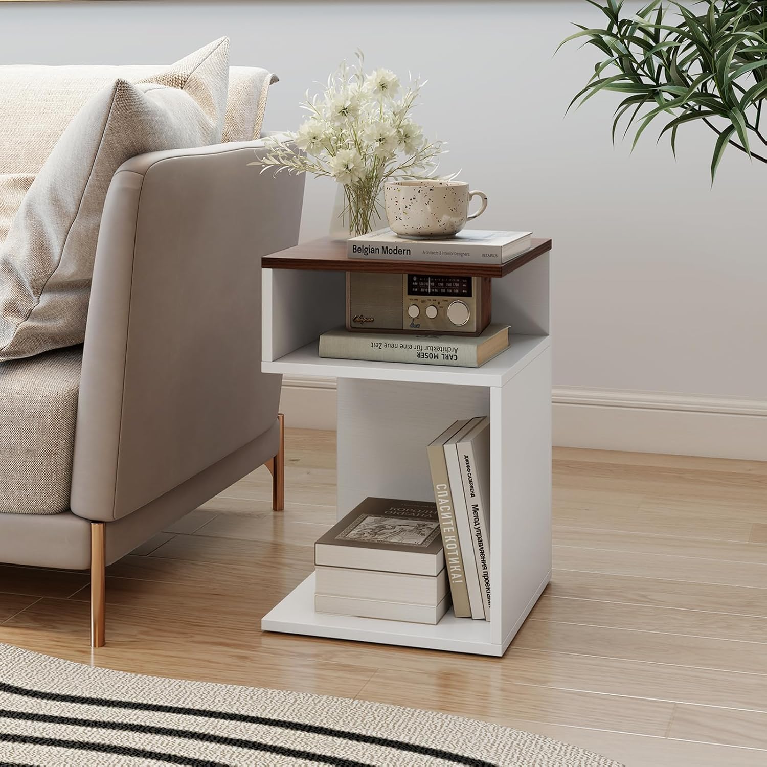 Table d'Appoint en Forme S, Bout de Canapé avec 2 Casiers Ouverts, 3 Étagères Design Géométrique Compacte, Blanc, pour Salon Chambre, Blanc+Noyer - 9