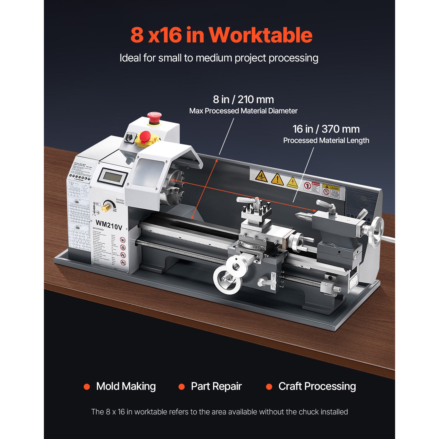 Torno de metal precisão,SucceBuy 210x370 mm,550 W,velocidade ajustável 0-2500 RPM,engrenagens metálicas,adequado para processamento preciso peças - 4