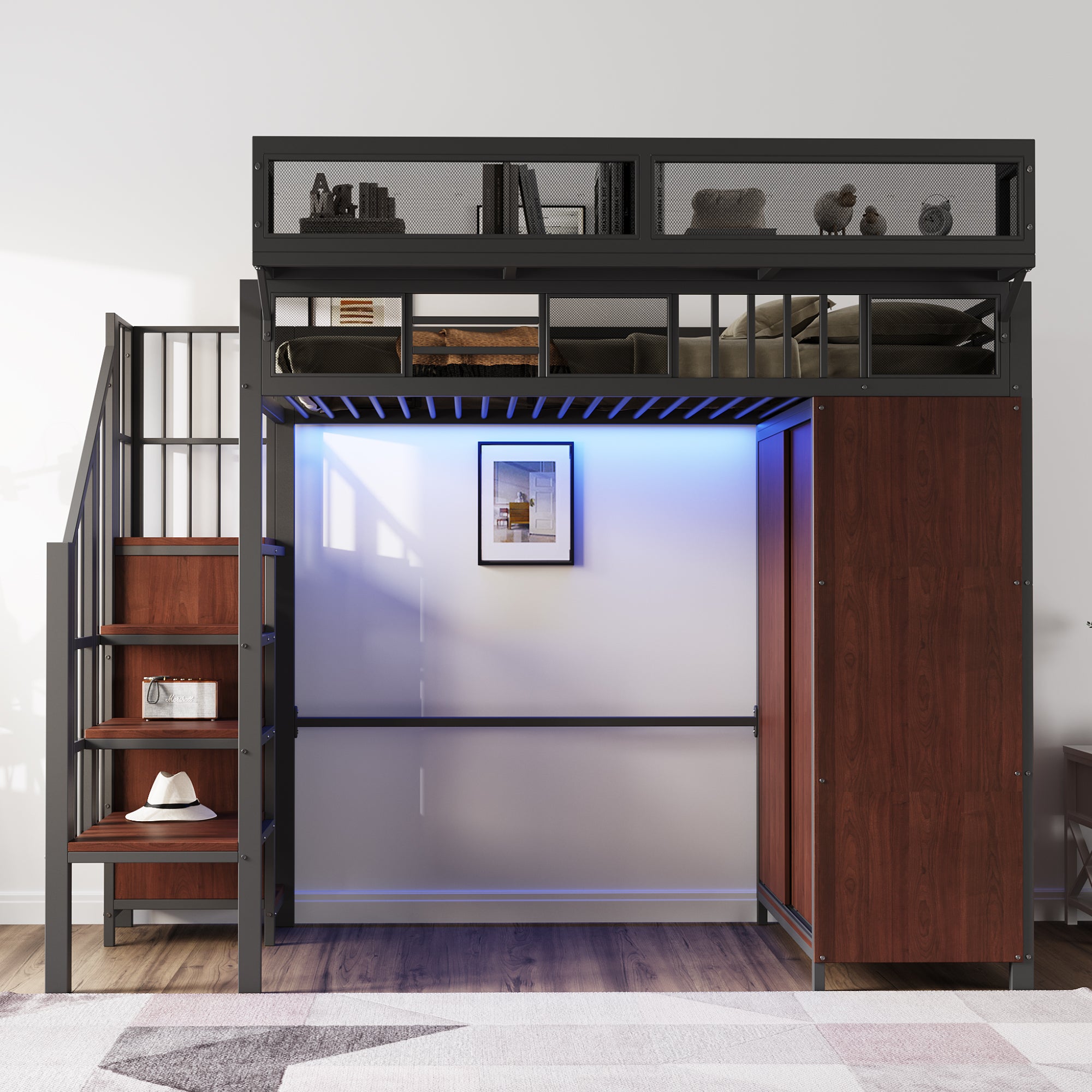 Lit mezzanine 90x200 avec armoire intégrée et éclairage LED, Lit simple avec barrières de sécurité en maille, étagères amovibles et échelle, Noir - 2