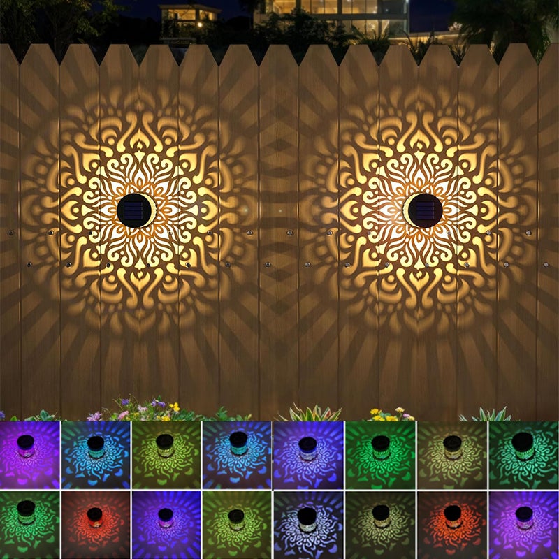 2 solarne lampy ścienne, zewnętrzne solarne mocowanie ścienne, kolorowe oświetlenie, oświetlenie schodów tarasowych, Mandala, wodoodporne