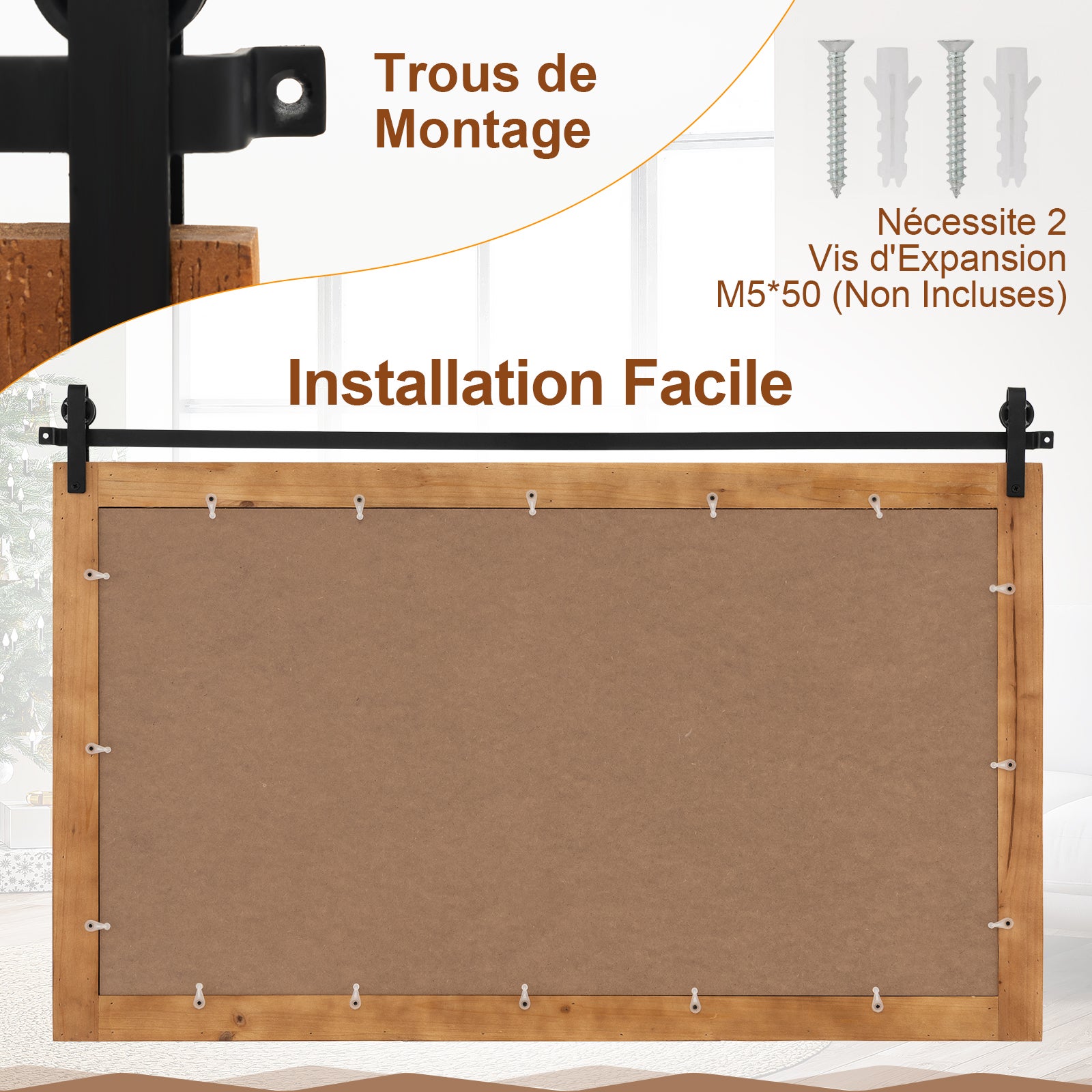 Miroir Mural Rectangulaire 100 X 66CM, Cadre en Bois Massif, Style Porte de Grange, Support en Métal, Réflexion HD, Grand Miroir Mural Rustique,Marron - 6