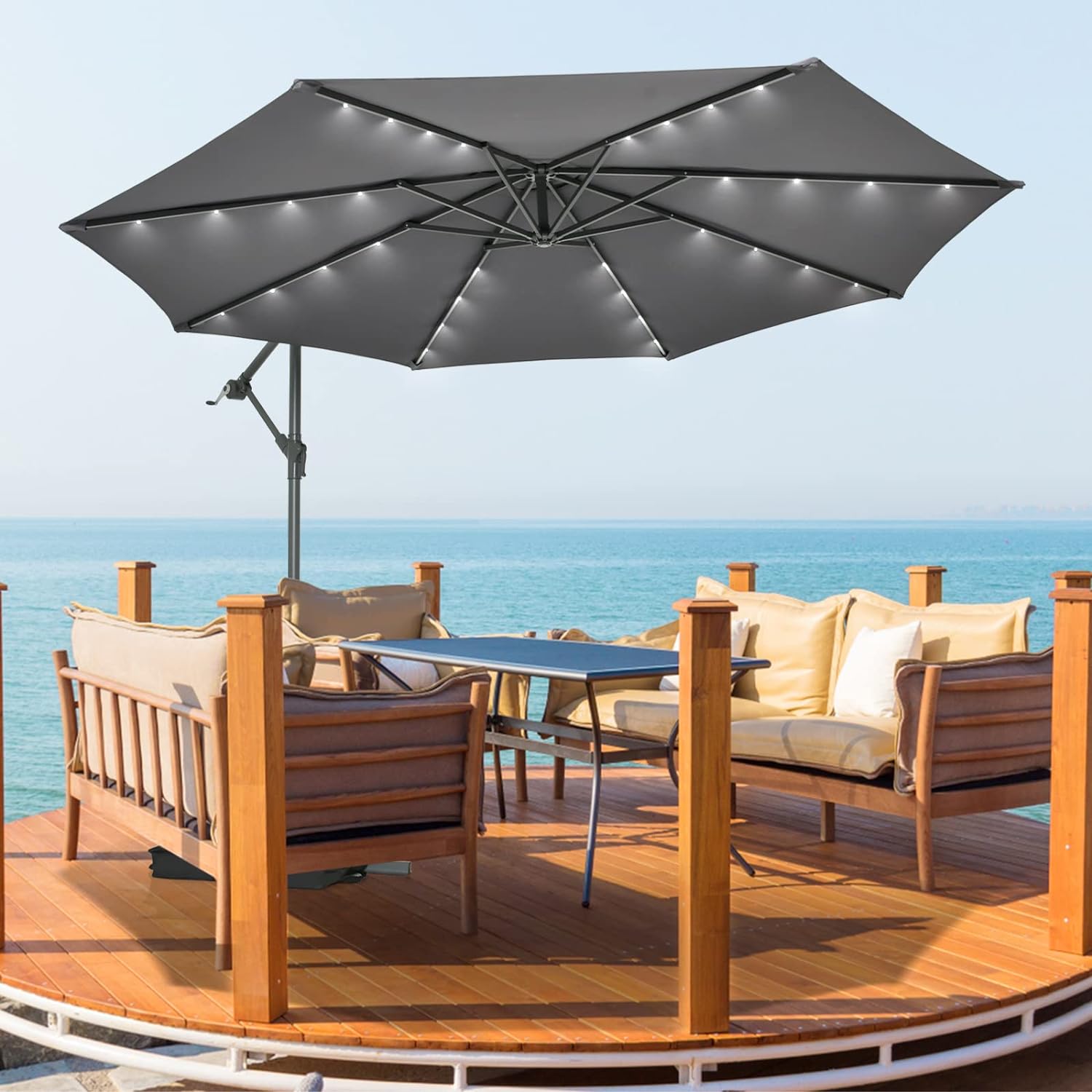 Guarda-chuva offset 3x3m, grande guarda-chuva cinza - 2