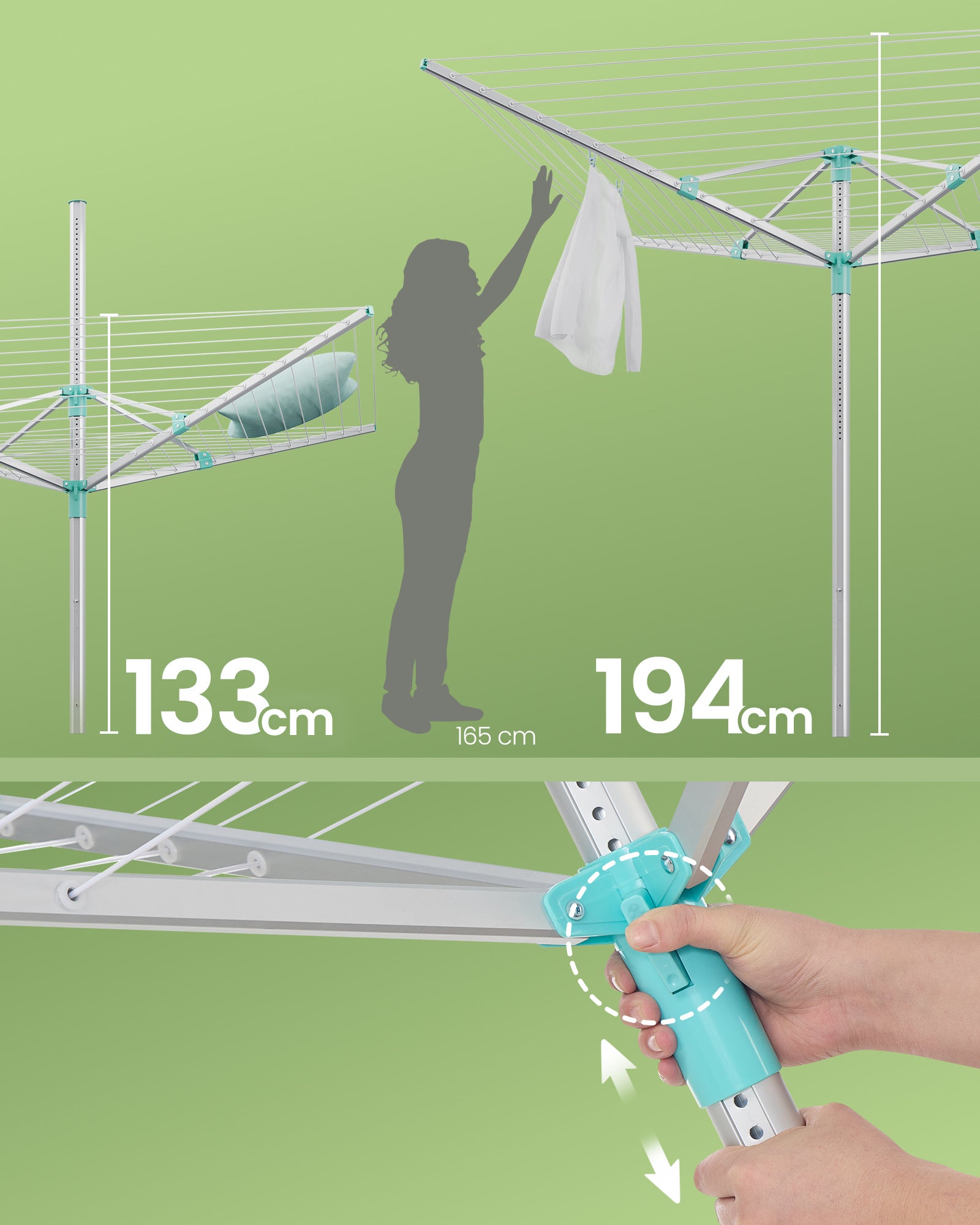 Étendoir à Linge Extérieur Réglable, en Alliage d'Aluminium, avec Housse et Pinces, Corde 60 m, Argent et Vert - 4