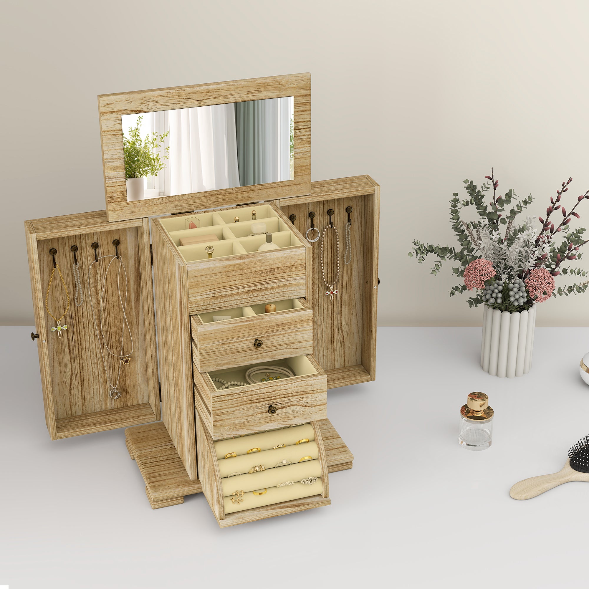 Portagioie In Legno A 5 Livelli | Con Specchio E 4 Cassetti Per Anelli Collane E 588778