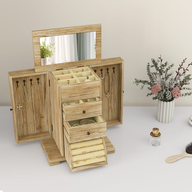 Portagioie In Legno A 5 Livelli | Con Specchio E 4 Cassetti Per Anelli Collane E 588778 Portagioie In Legno A 5 Livelli | Con Specchio E 4 Cassetti Per Anelli Collane E 588778