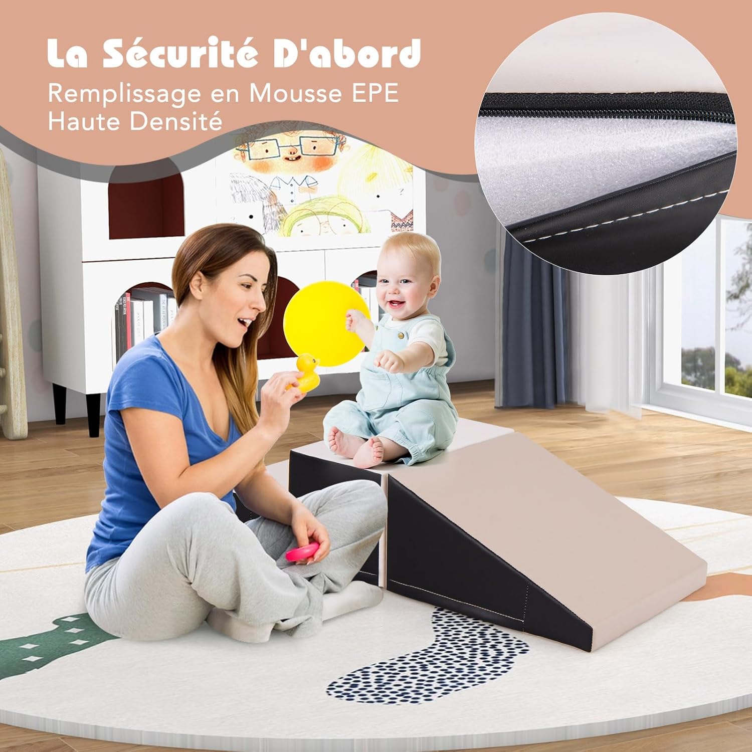 2PCS Parcours Motricité Bébé en Mousse avec Housse Amovible en PU, avec Marche & Toboggan, Jouets Éducatifs pour Ramper Grimper(Gris) - 3