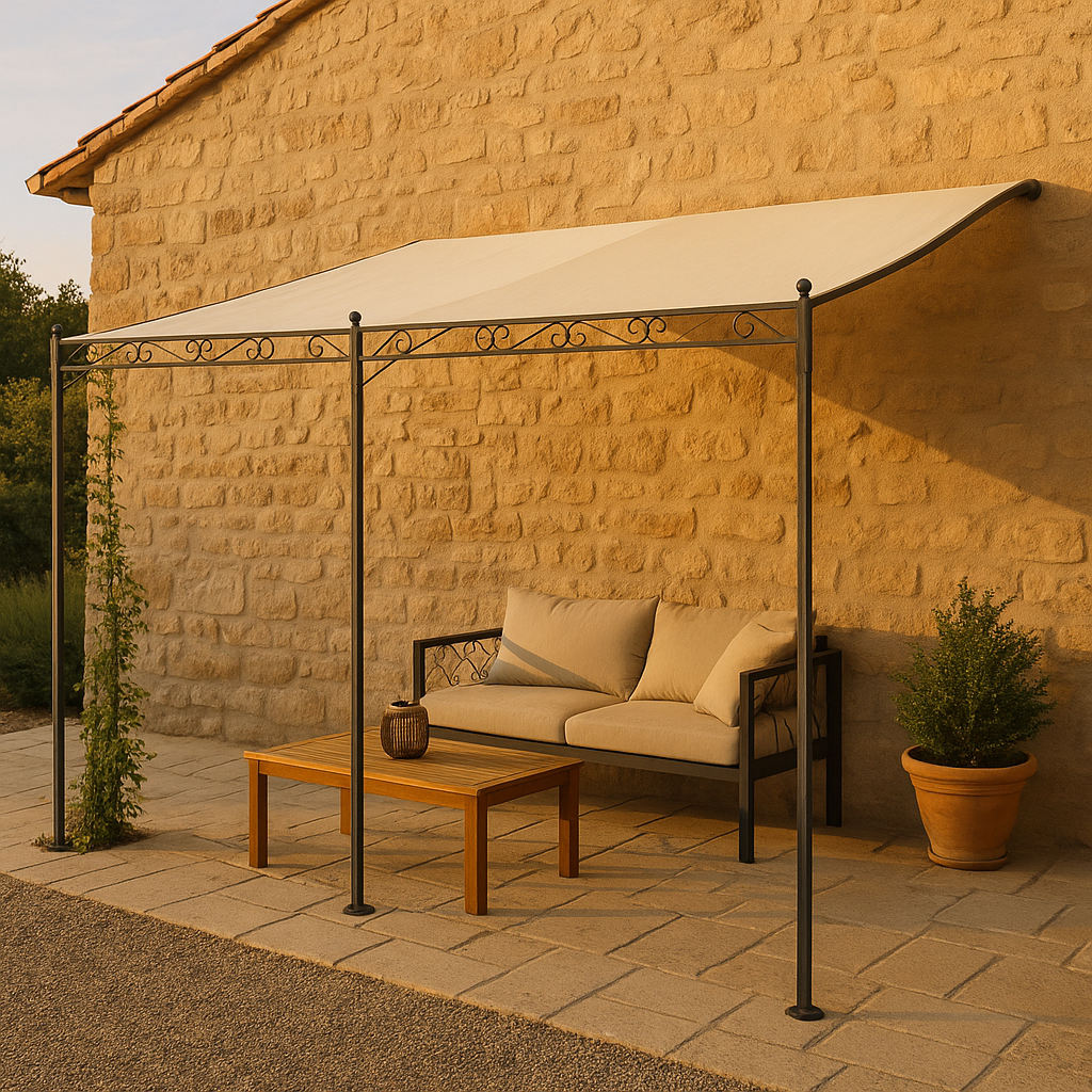 Tonnelle Adossée en fer forgé - Toile Beige, Polyester 160 g/m² - 4 x 3 m - 8