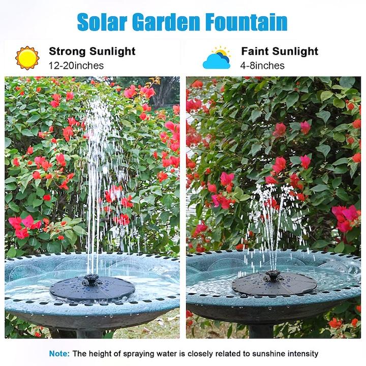 Fontaine solaire de jardin flottante 3W, 8 modes de jet, LED colorées, batterie intégrée, protection pompe, fixation renforcée - 3
