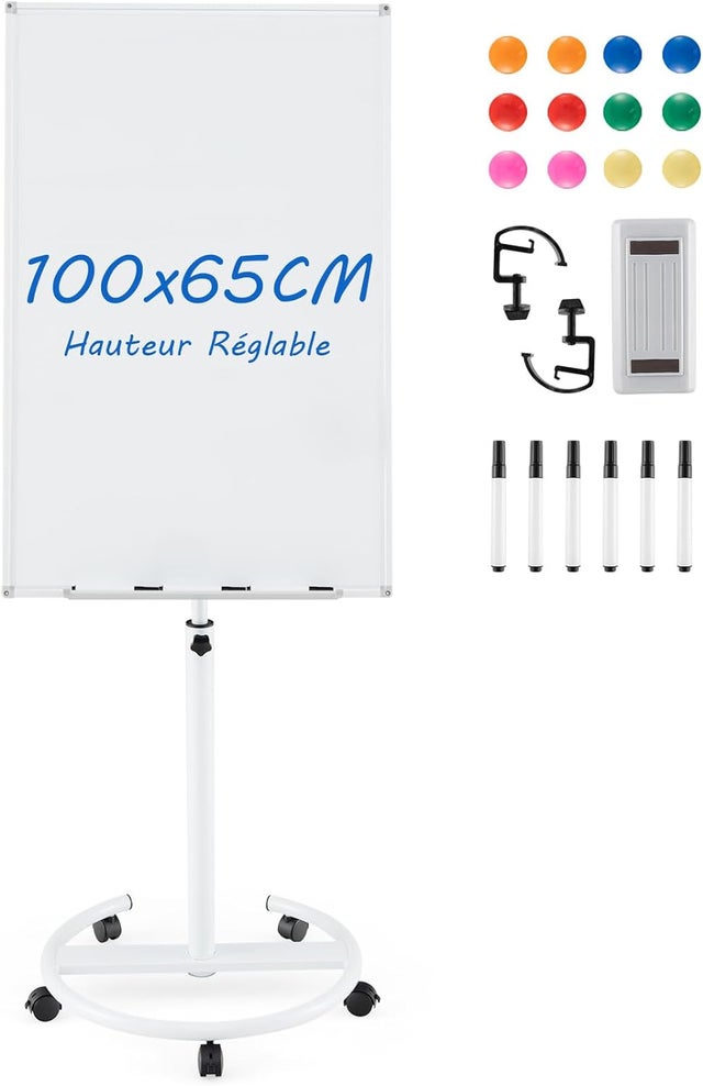 Tableau Blanc Magnétique, 100 x 65 cm, Tableau Blanc sur Pieds Effaçable à Sec, pour École, Bureau