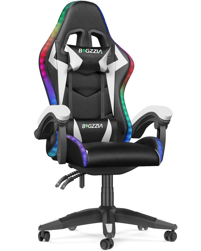Silla gaming, RATTANTREE Silla gaming profesional con tecnología LED RGB incorporada, con reposacabezas, soporte lumbar y reposabrazos