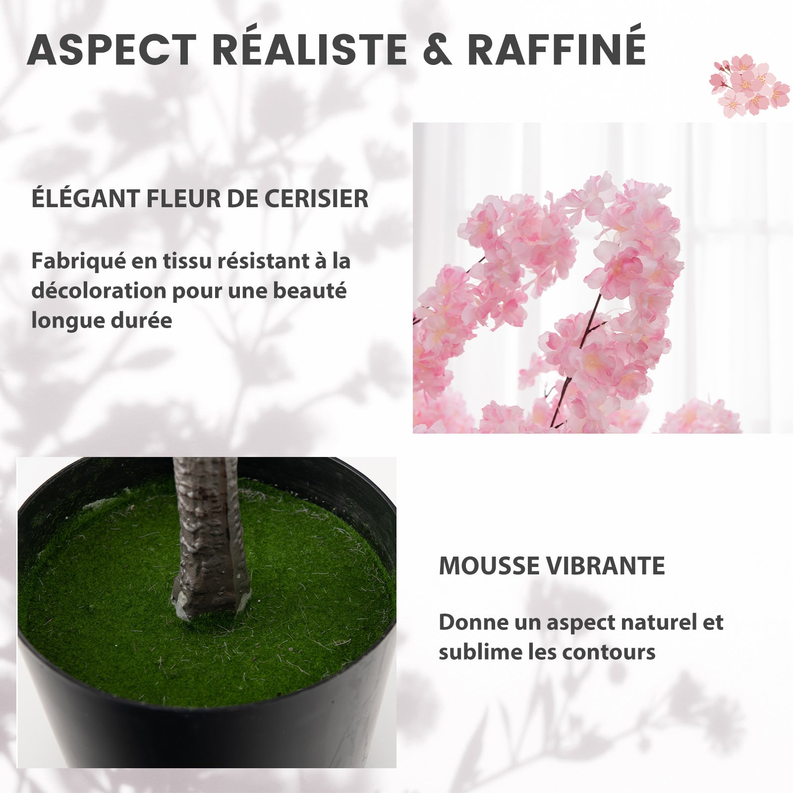 Plante Artificielle en Pot Ciment 190CM avec 900 Fleurs Roses, Fausse Cerisier avec Troncs de PE Simulés, Décoration Moderne pour Salon Bureau - 7
