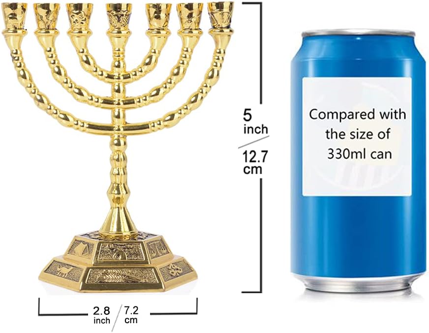 Menorá de 7 brazos, candelabro judío, 12 tribus de Israel, altura 13 cm, dorado - 3