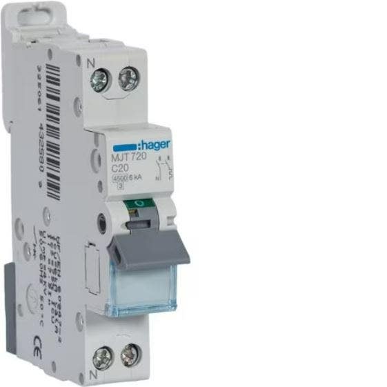 Hager - Disjoncteur 1P+N 4.5-6kA courbe C - 20A 1 module - MJT720