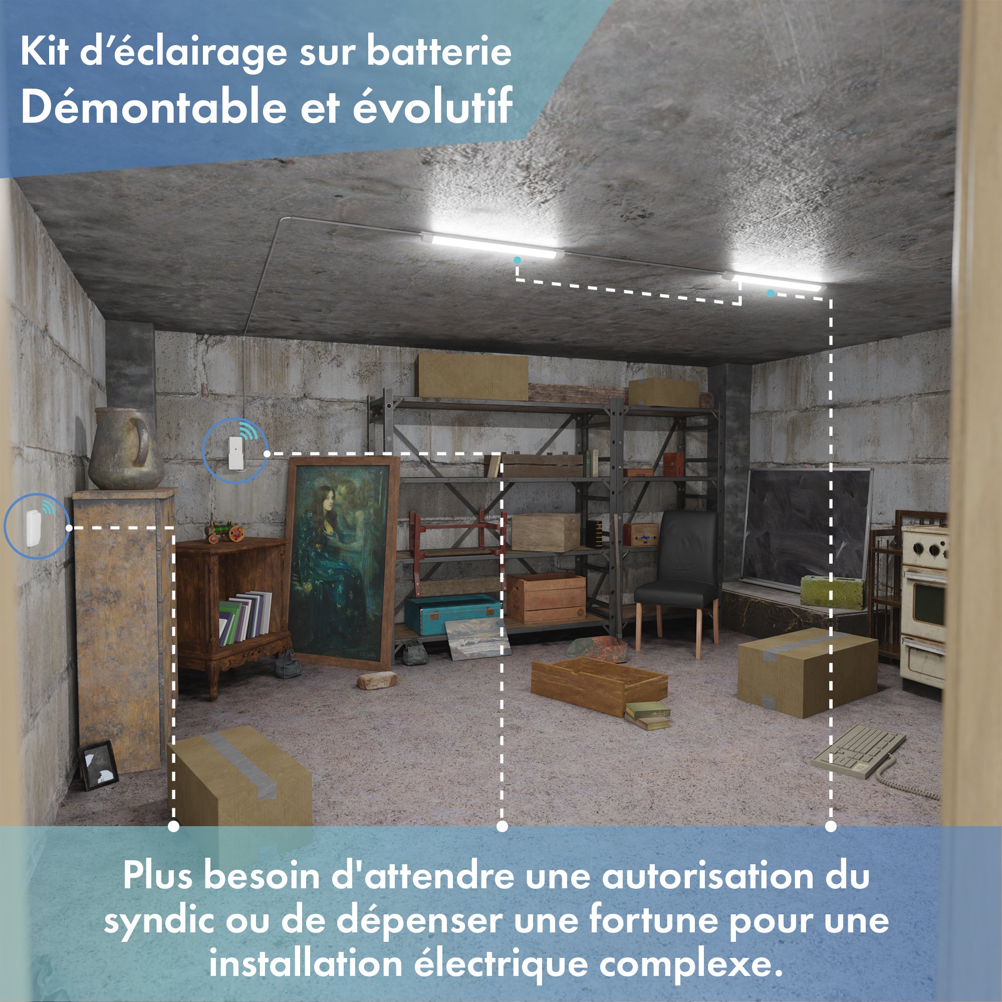 Kit éclairage sans fil garage box cave sous sol - 2 réglettes led - 1 Batterie - 1 interrupteur radio - Gamme CONFORT - 2200 lumens - 4