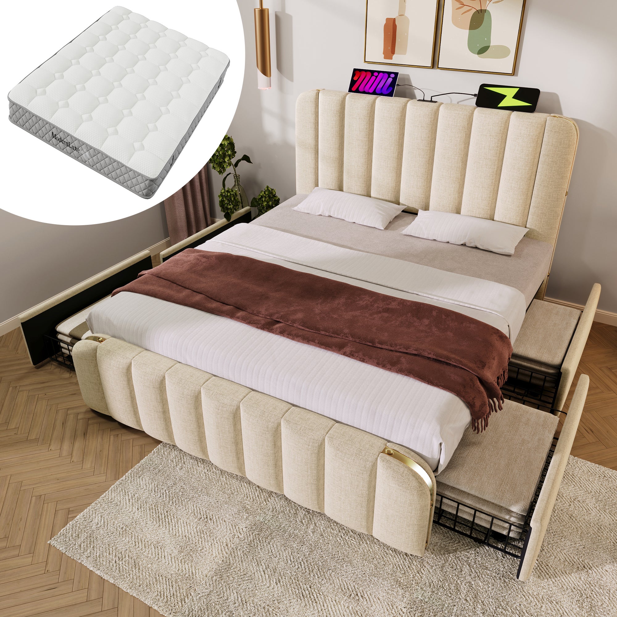 Łóżko tapicerowane 180x200 cm, zagłówek wyściełany złotymi paskami dekoracyjnymi i funkcją ładowania USB typu C, z materacem