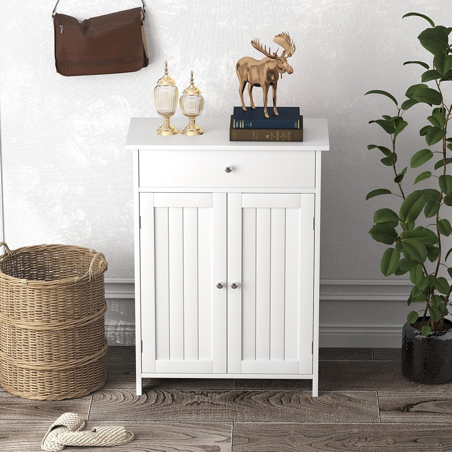 Meuble Salle de Bain 60 x 30 x 80 CM, Armoire de Rangement avec 1 Tiroir, 2 Portes, Étagère Réglable, avec Dispositif Anti-Basculement, Blanc - 7