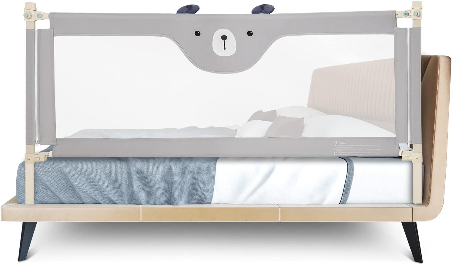Barandilla para cama para niños, barrera de seguridad plegable, con altura ajustable, bordes redondeados y malla transpirable (gris+motivo oso, 174,5×