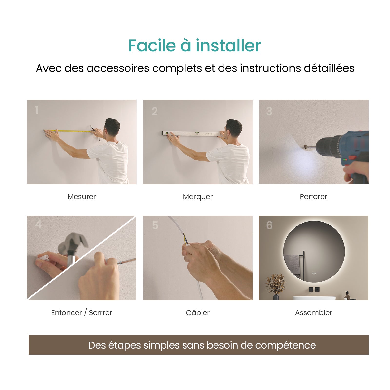 EMKE Miroir de Salle de Bain LED Rond Ø 80 cm, Sans Cadre, 3 Couleurs, Intensité Réglable, Design Épuré - 7