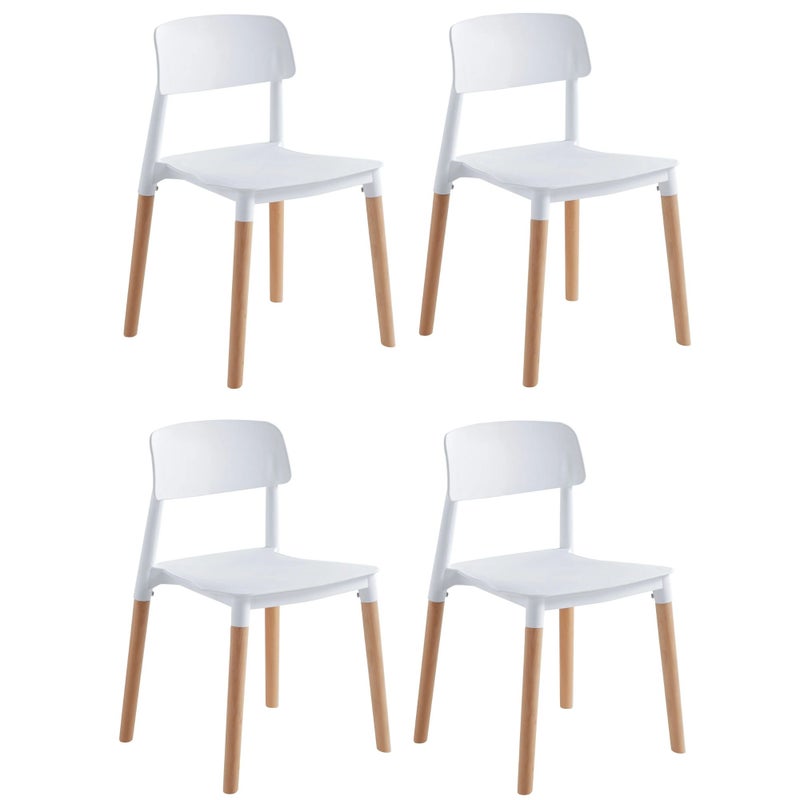 Pakiet 4 białych krzeseł z nogami z drewna bukowego, siedzeniem z polipropylenu, wysokość 45 cm, całkowite wymiary 42,5x48x76 cm