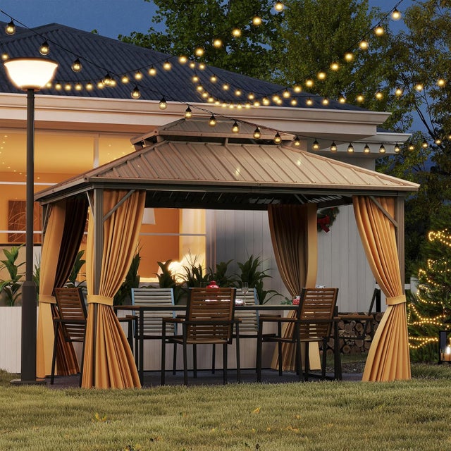 Pergola Ogrodowa Zewnętrzna 3,54 x 2,94 x 2,84 m, Całoroczny Pawilon Ogrodowy z Podwójnym Dachem ze Stali Ocynkowanej, Moskitiera i Zasłony, Gazebo