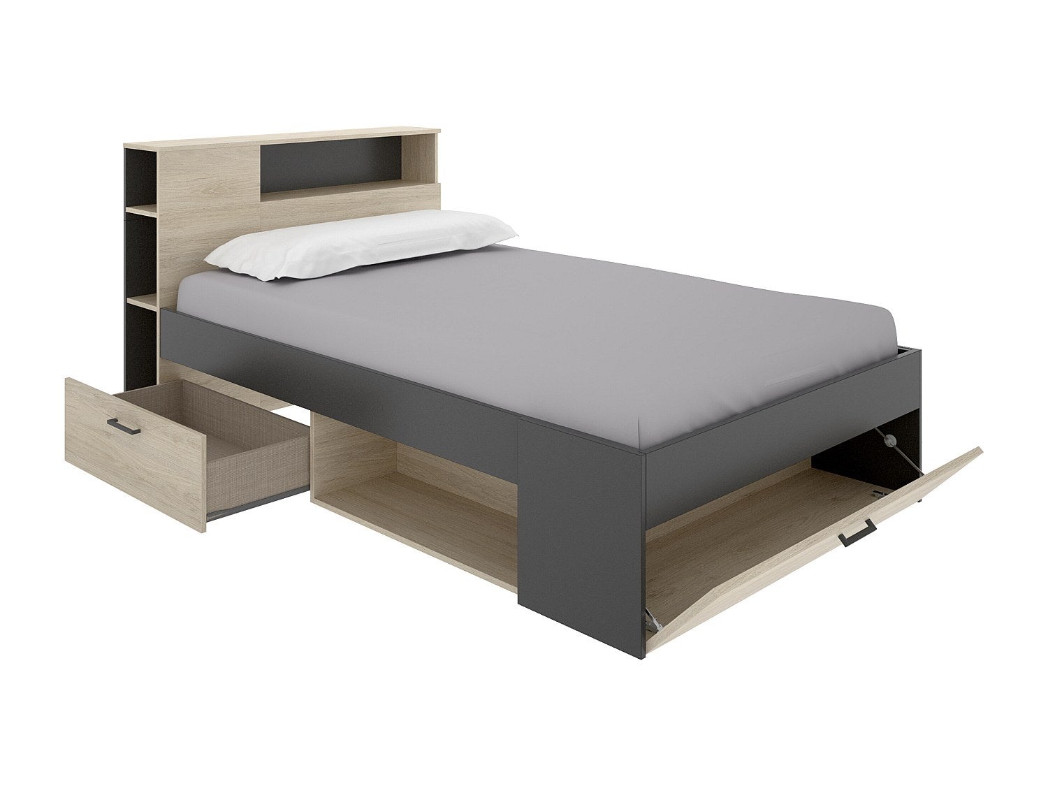 Lit avec tête de lit rangements et tiroirs - 120 x 190cm - Coloris : Naturel et anthracite - LEANDRE - 5