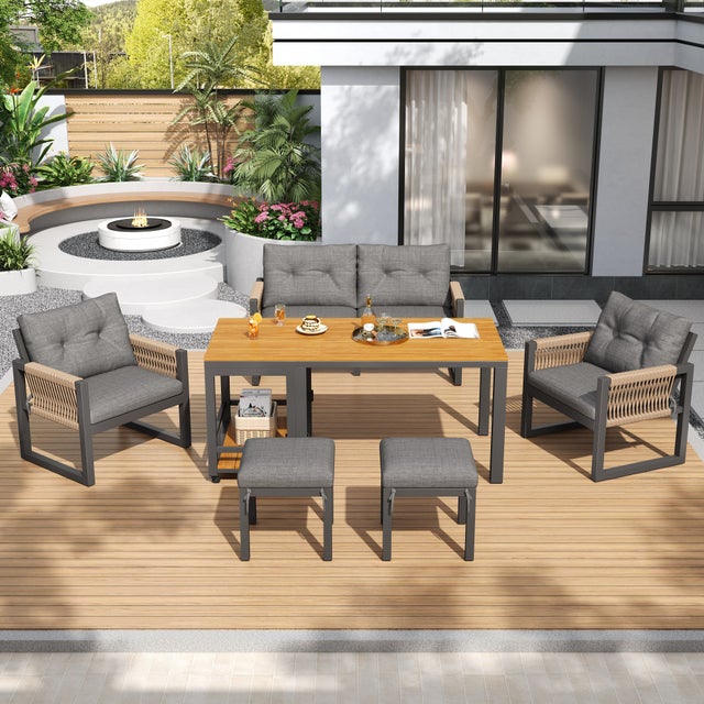 Zestaw mebli ogrodowych modułowych z ocynkowanego żelaza: 1 sofa dwuosobowa + 2 fotele + 2 hokery + stolik kawowy + stolik pomocniczy - szary