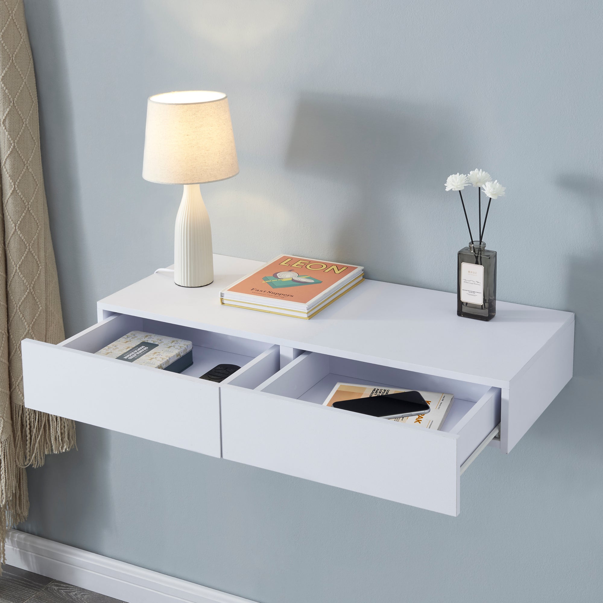 Étagère murale avec 2 tiroirs Karstula 80 x 35 x 12 cm blanc [en.casa] - 2