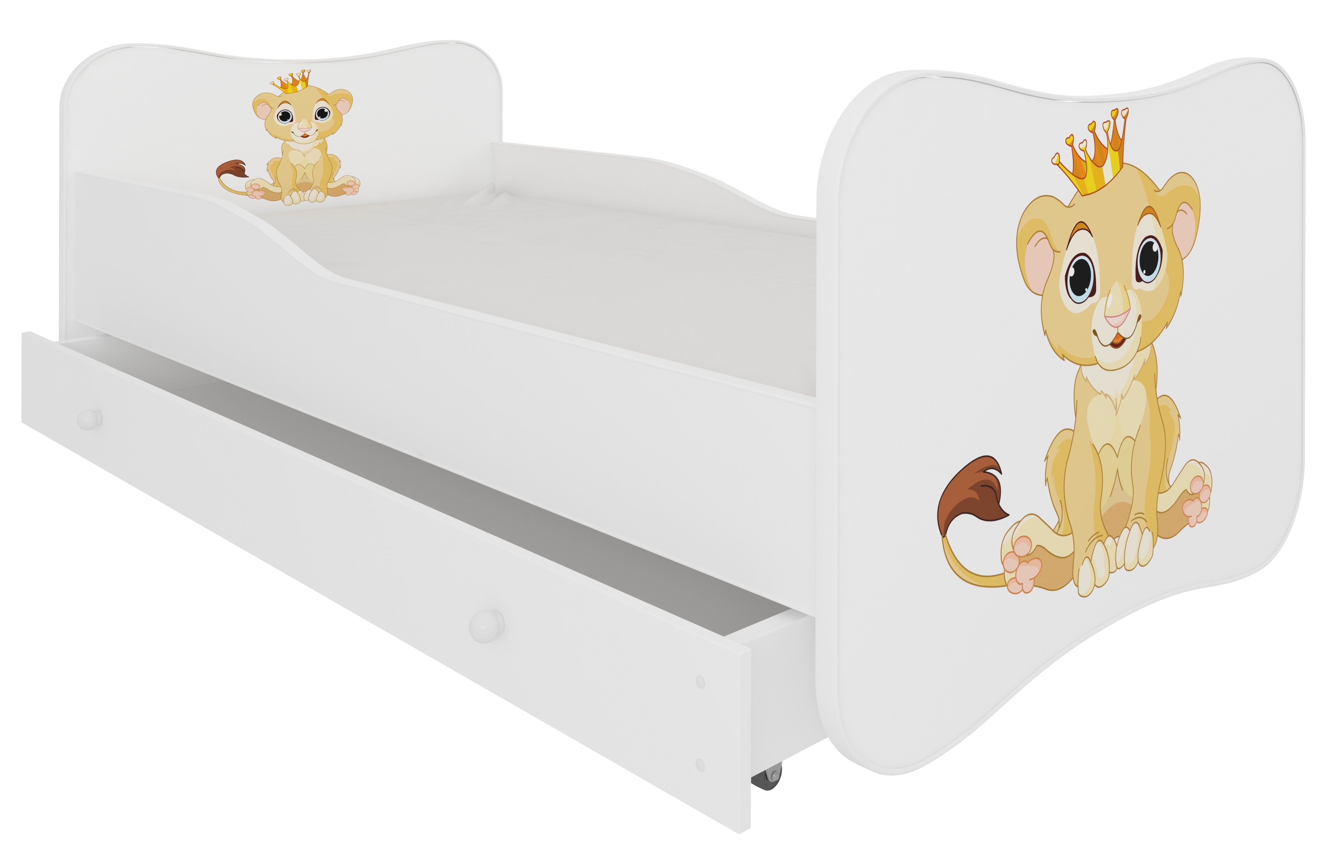 Lit enfant bois blanc à tiroirs avec imprimé petit roi lion 70x140 ou