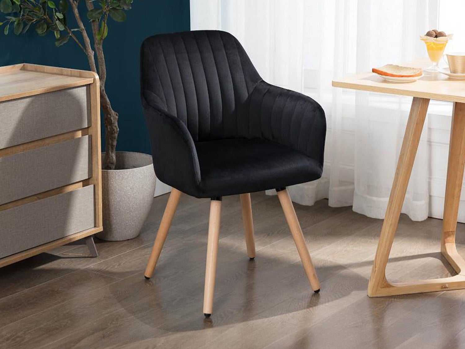 Krzesło z podłokietnikami ELEANA - Welur i metal o wyglądzie drewna - Kolor szary