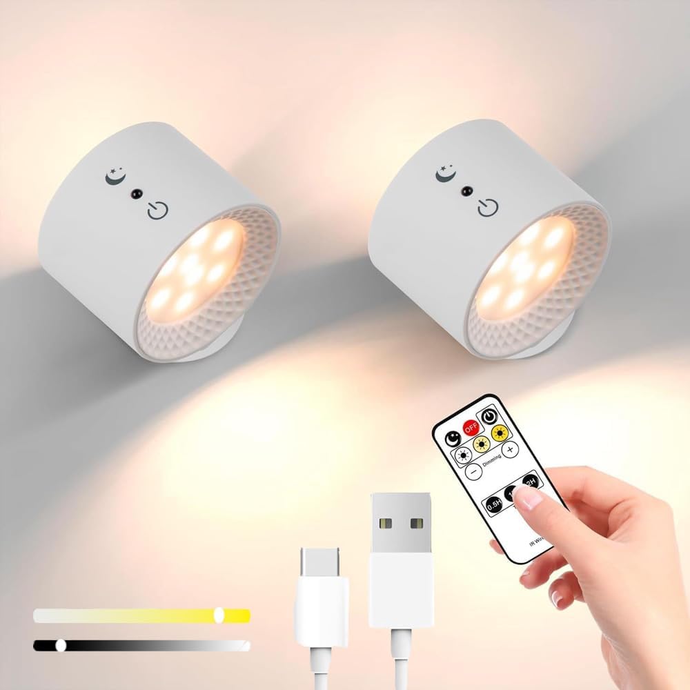 Lampa ścienna ładowana przez USB, obrotowa o 360°, dwustronne oświetlenie, 3 temperatury barwowe (biała, 2 sztuki)