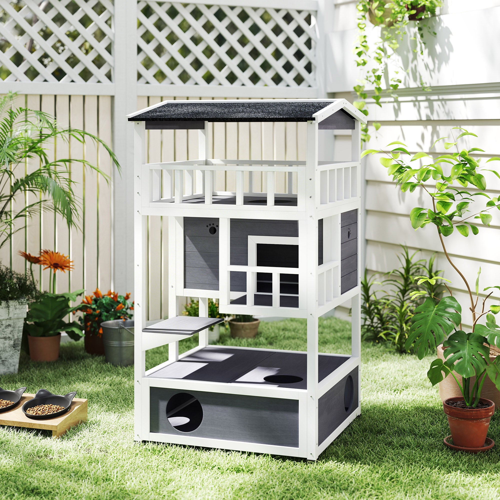 Casa para Gatos PawHut Cinza e Branco Madeira de Abeto - 2