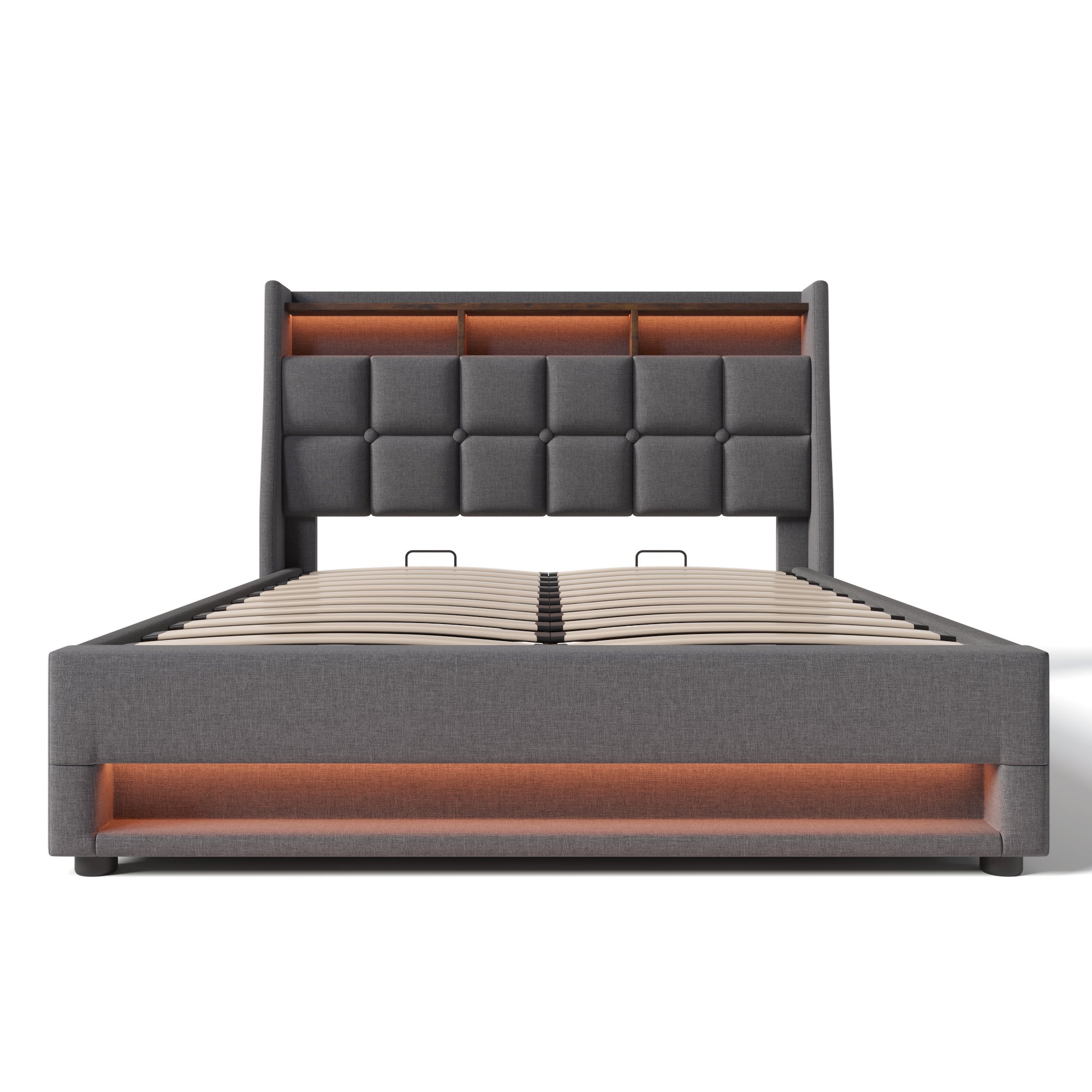 Cama con almacenaje de lino 160x200cm con LED y puertos USB - somier - gris - 6