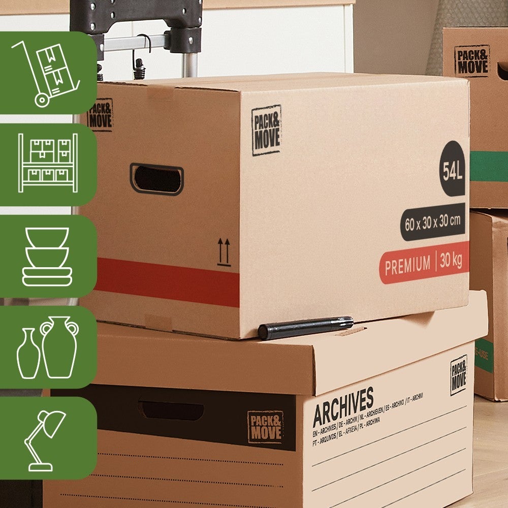 Pack and Move- Lot 20 Cartons Déménagement Premium - 60 X 30 X 30 Cm - Extrême Résistance 30KG - Réutilisable - Poignées Renforcées - 1 Adhésif Offert - 5