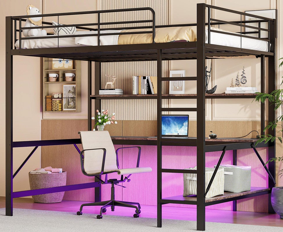 Łóżko piętrowe 140x200 cm - z barierkami - z drabinką - z USB i gniazdkami - z oświetleniem LED - z biurkiem + półki wielopoziomowe - czarne