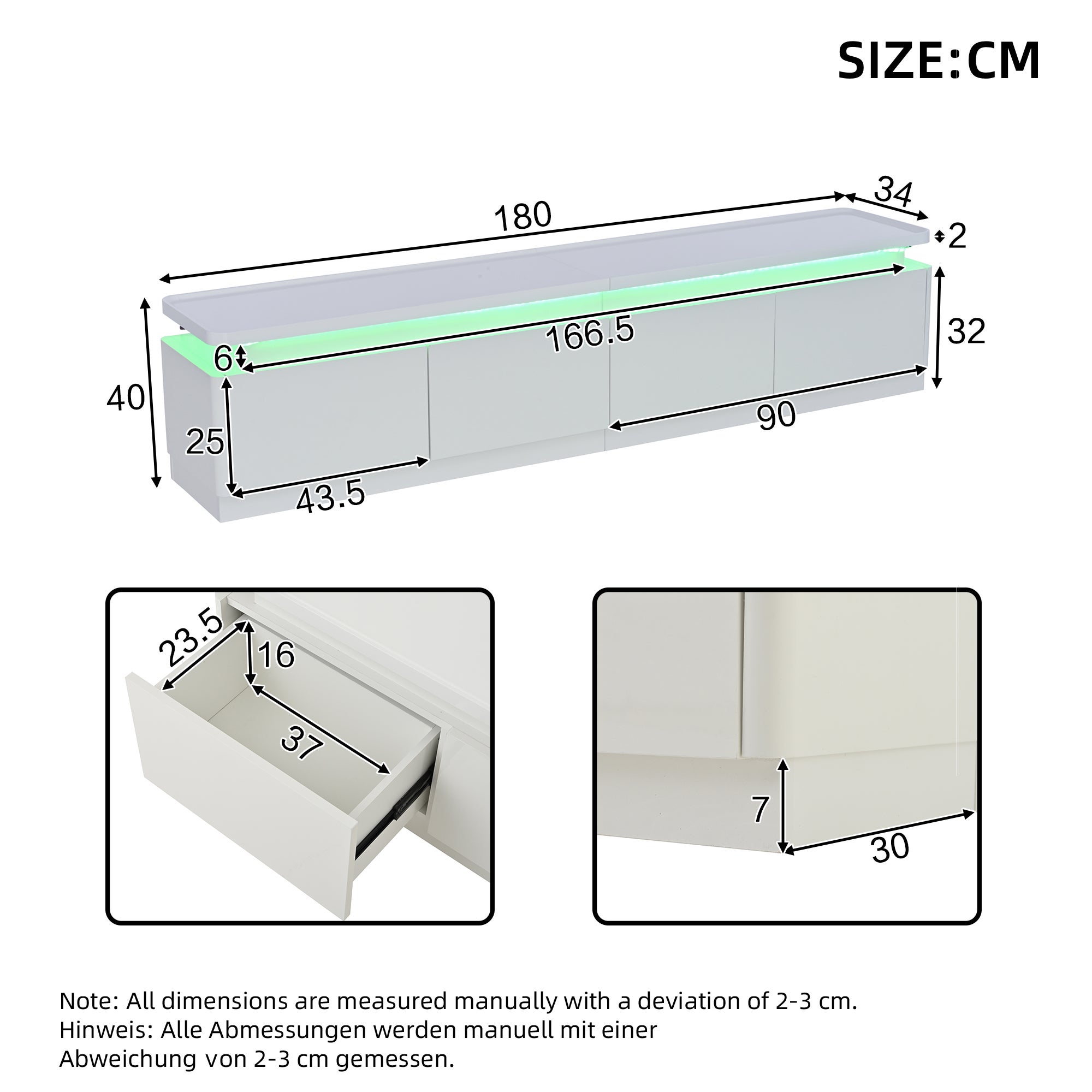 Stolik pod TV 180x34x40cm - z 4 szufladami - z oświetleniem LED - wykończenie błyszczące - kolor biały - 6