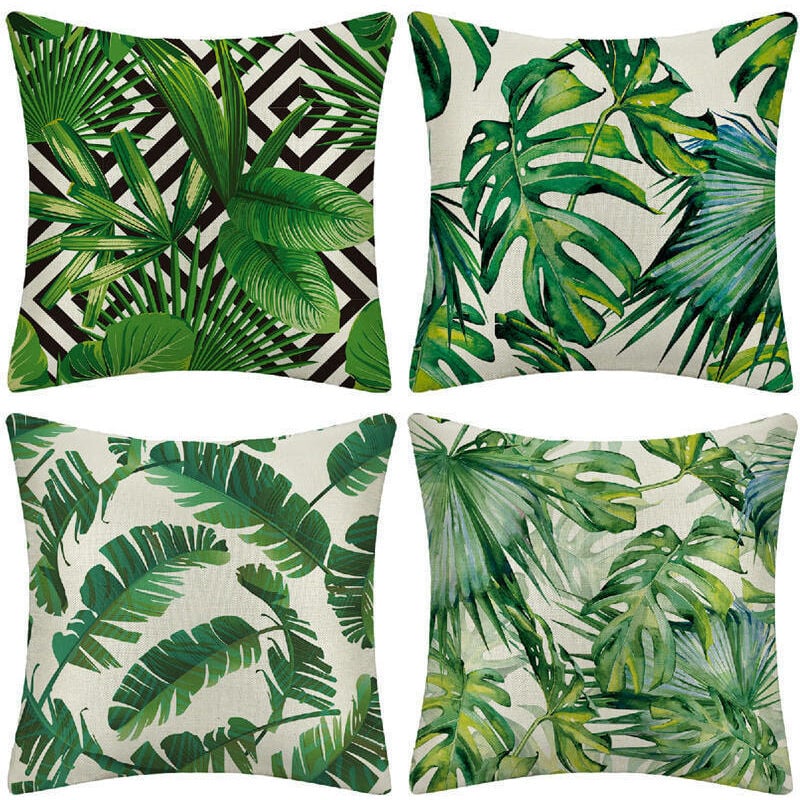 Juego de 4 fundas de cojín para exterior, 45 x 45 cm, funda de almohada impermeable para sofá con estampado de plantas tropicales verdes, para decor