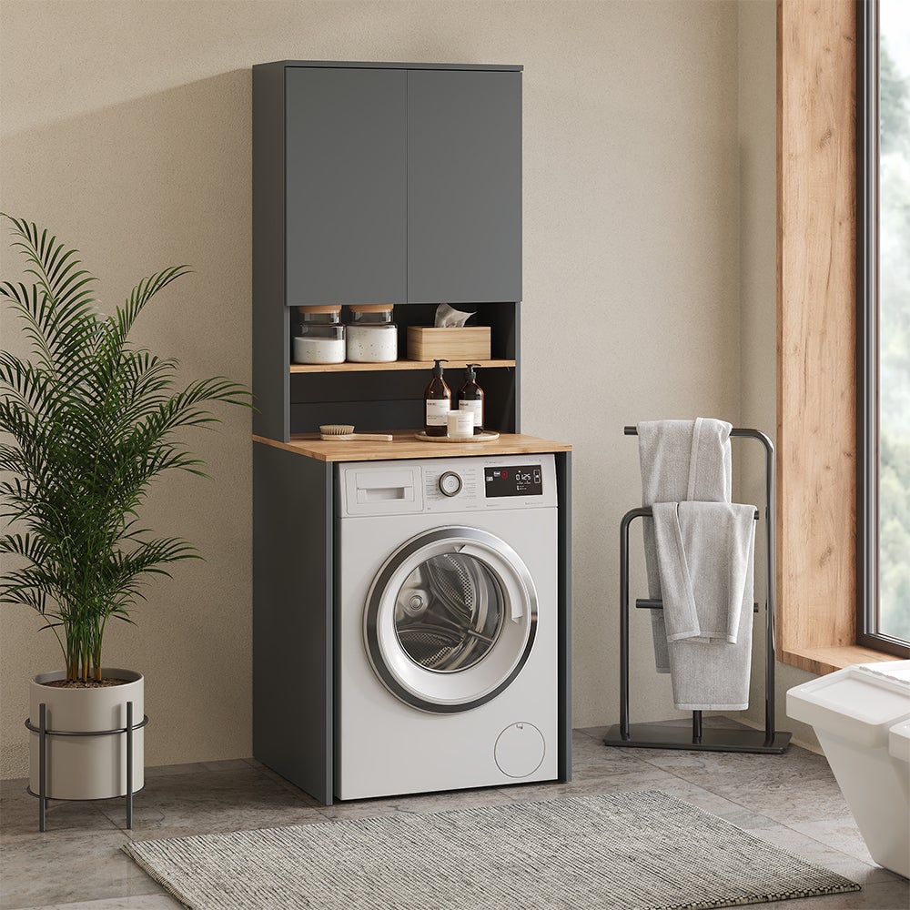 Vicco armadietto coprilavatrice Viktor, Antracite/Rovere dorato, 68 x 88.2 cm 2 parti con ripiano - 3