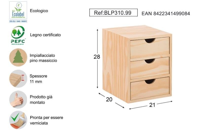 Commode portable en bois à 3 tiroirs cm 21x20 28h - 9