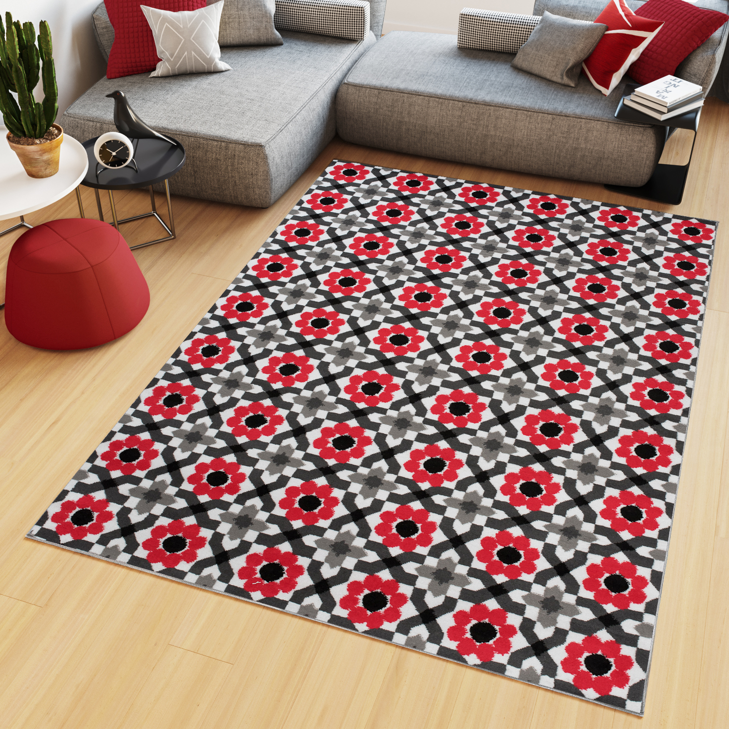 Tapiso maya alfombra de salón sala comedor diseño moderno rojo gris negro blanco flores delgada 200 x 300 cm