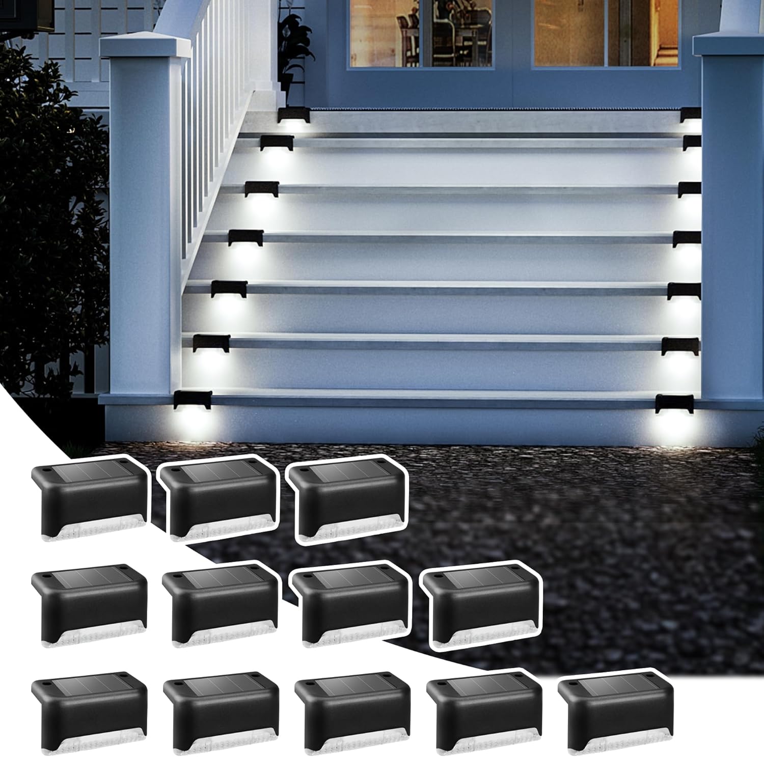 Lot de 12 lampes solaires étanches pour clôtures, escaliers, haies, cours, patios et allées (noir, lumière chaude) - 7