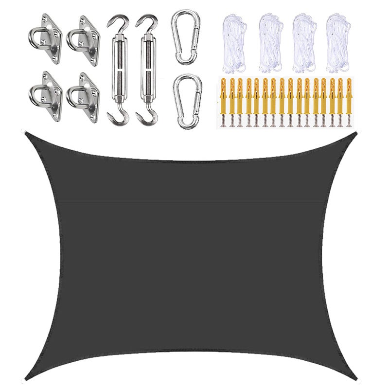 Prostokątna żagiel przeciwsłoneczny 200x200CM z liną i akcesoriami, zacienienie 95%, do ogrodu, na taras, jako wiata garażowa i pawilon (czarny)