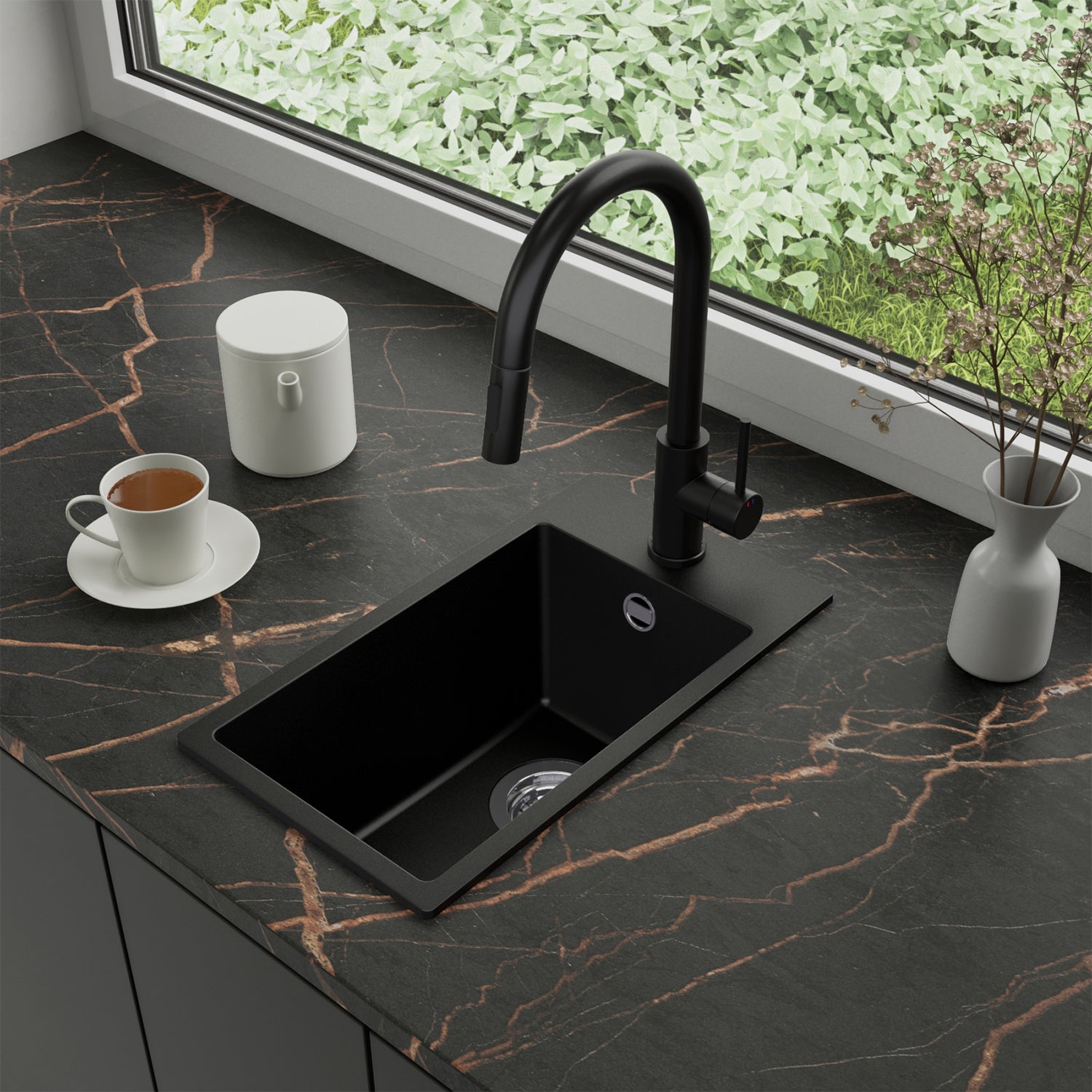 Zlewozmywak Granitowy 28x50cm, do szafki od 30cm + Bateria + Syfon - Amber Czarny STONESTYLE