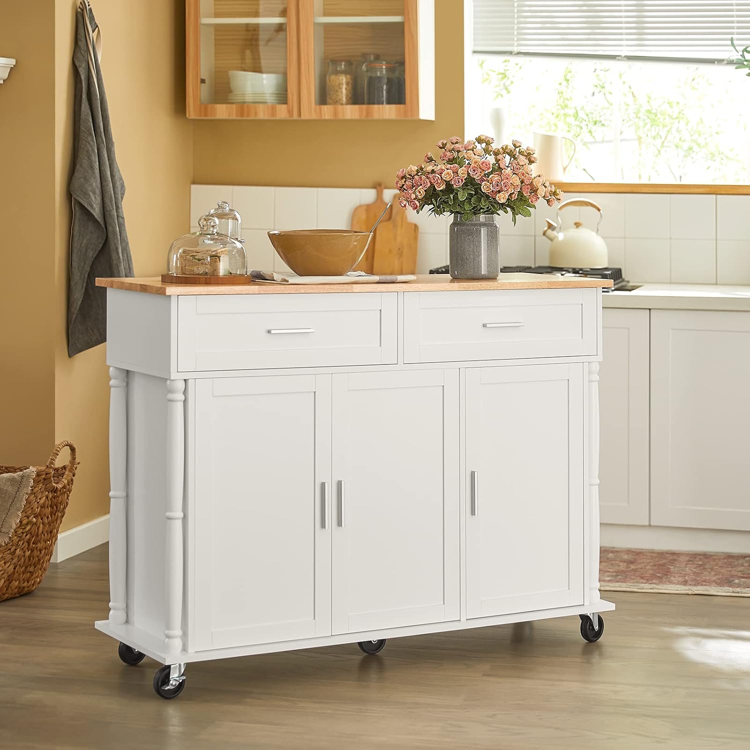 Carrello Da Cucina Con Portabottiglie - Isola Mobile, 2 Scomparti, Cassetto, Piano In Bambù, 80x65x35 Cm