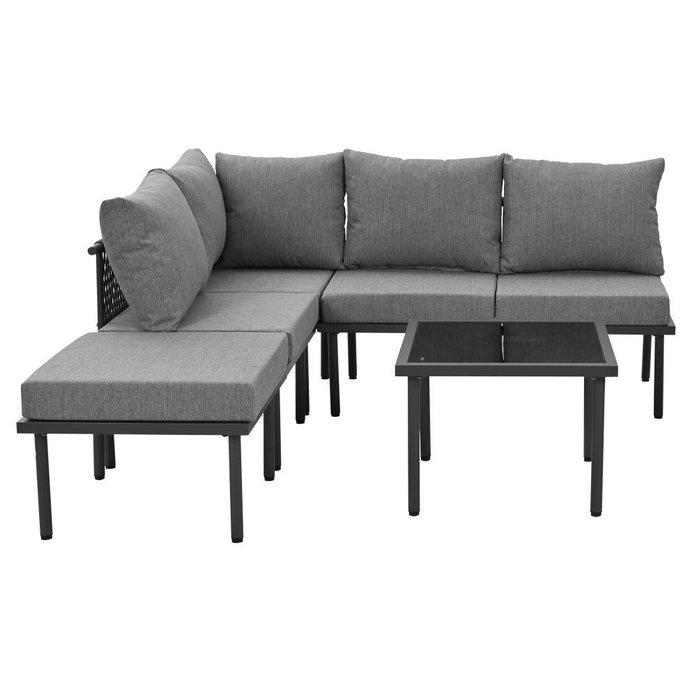 Salon de jardin 6 pièces en corde grise avec cadre en fer galvanisé, coussins inclus, table avec plateau en verre, pieds réglables - 9