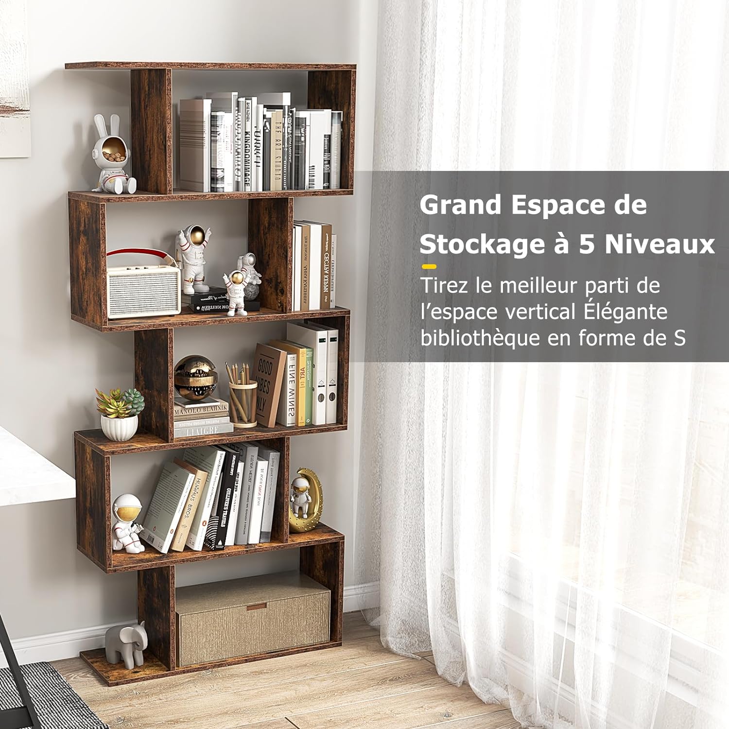 Estantería, estante de almacenamiento en forma de S, estilo industrial, mueble de almacenamiento de madera versátil para salón y oficina (5 estantes, - 7